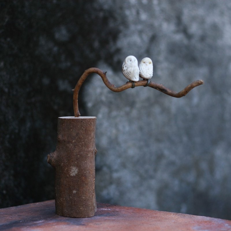 枝头恋人纯白猫头鹰 - 摆饰 - 陶 白色