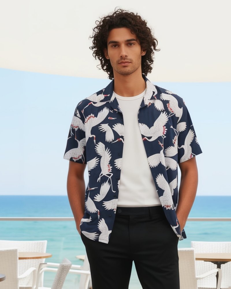 男款和风鹤纹印花 藏青色夏威夷衬衫 - 女装衬衫 - 棉．麻 蓝色