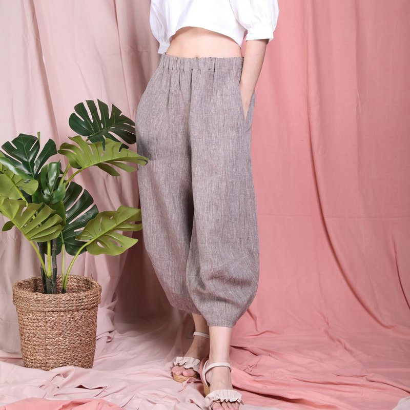 天然亚麻料松紧灯笼裤 - 浅棕色 - 女装长裤 - 亚麻 咖啡色