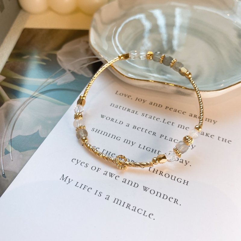 月落 灰月光 拉长石 白水晶 月光石 天然石弹性水晶手链手环 - 手链/手环 - 水晶 灰色