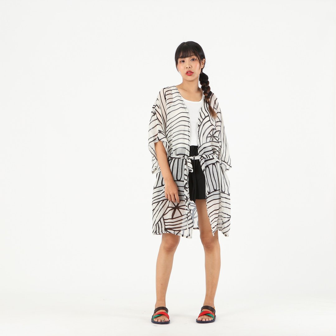 Blouse Kimono Robe Cotton Voile Hand Paint Free Size - 女装上衣 - 棉 白色