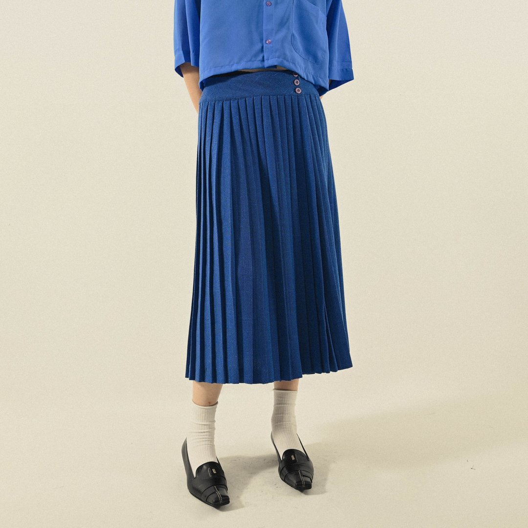 【NaSuBi Vintage】纯色麻纱针织百褶古着一片裙 - 裙子 - 其他人造纤维 蓝色
