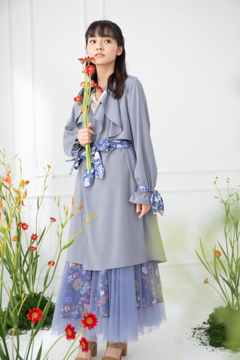 【日本千叶】莫兰迪灰 薄款 绑带 风衣长版外套 复古琉璃绀 - 女装休闲/机能外套 - 棉．麻 蓝色