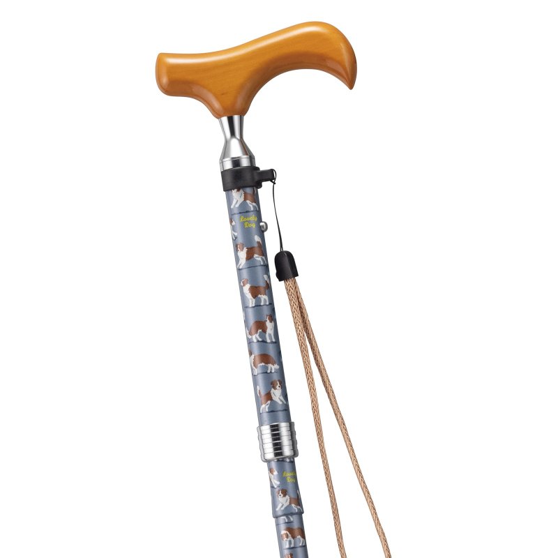 可爱狗狗图案 折叠铝制手杖・灰色 75-85cm 纤细杖身 木质握把 挂绳 收纳套 - 其他 - 铝合金 灰色