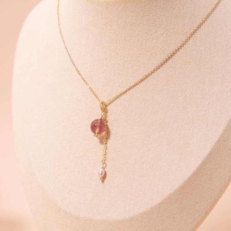 娉婷│草莓晶 天然淡水珍珠 水晶项链 锁骨链 - 项链 - 水晶 粉红色