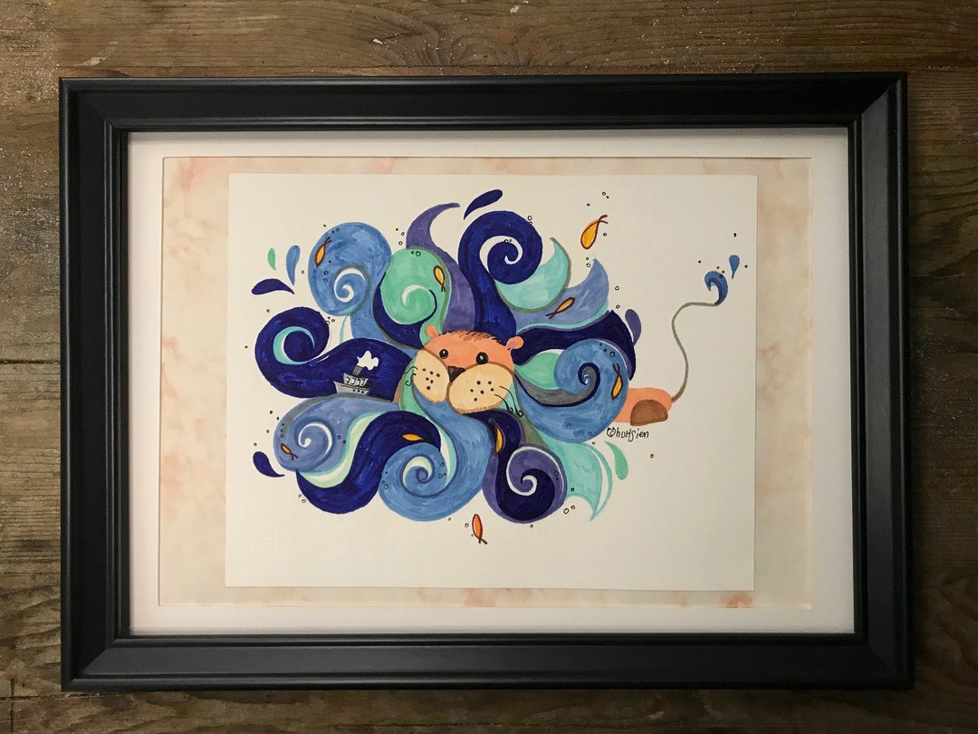 海 狮 /手绘 作品 机智 幽默感 海浪涛涛 深蓝 狮子头 胡须 - 海报/装饰画/版画 - 纸 蓝色