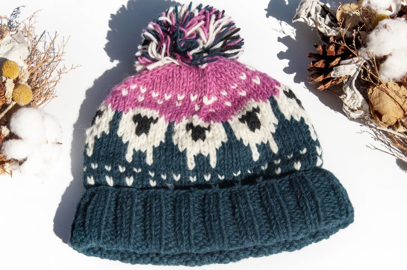 手工编织纯羊毛帽 针织编织帽 内刷毛手织毛帽 毛线帽-北欧绵羊风 - 帽子 - 羊毛 多色