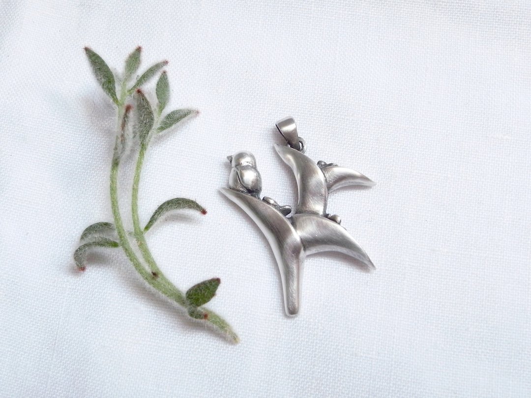 在你身旁安心停靠·花与鸟 | 纯银项链坠子 | 手工限量 附蜡绳 - 项链 - 纯银 银色