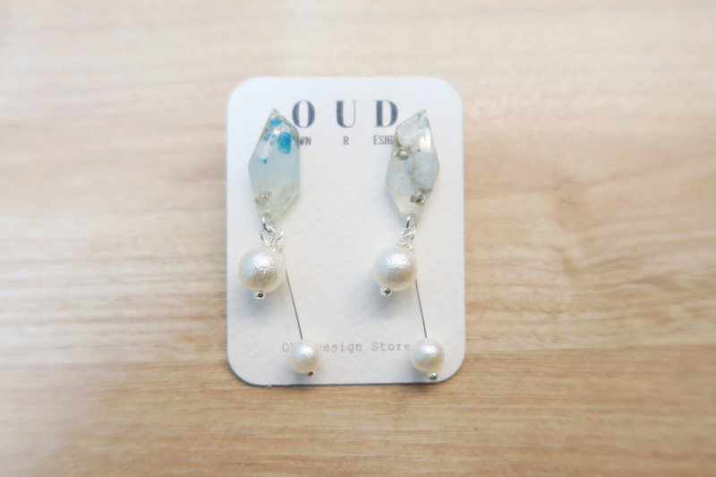 OUD原创. 手工饰品.天然晶石系列-海蓝宝.皱纹珍珠吊串耳环/耳夹 - 耳环/耳夹 - 水晶 