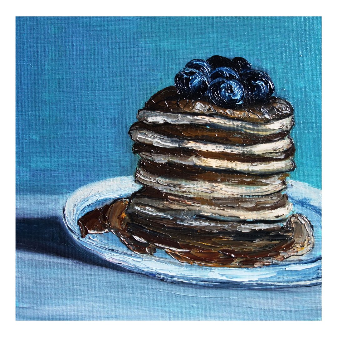 Blueberry Pancake Oil Painting Original Art Food Artwork Dessert Canvas Art - 海报/装饰画/版画 - 颜料 多色