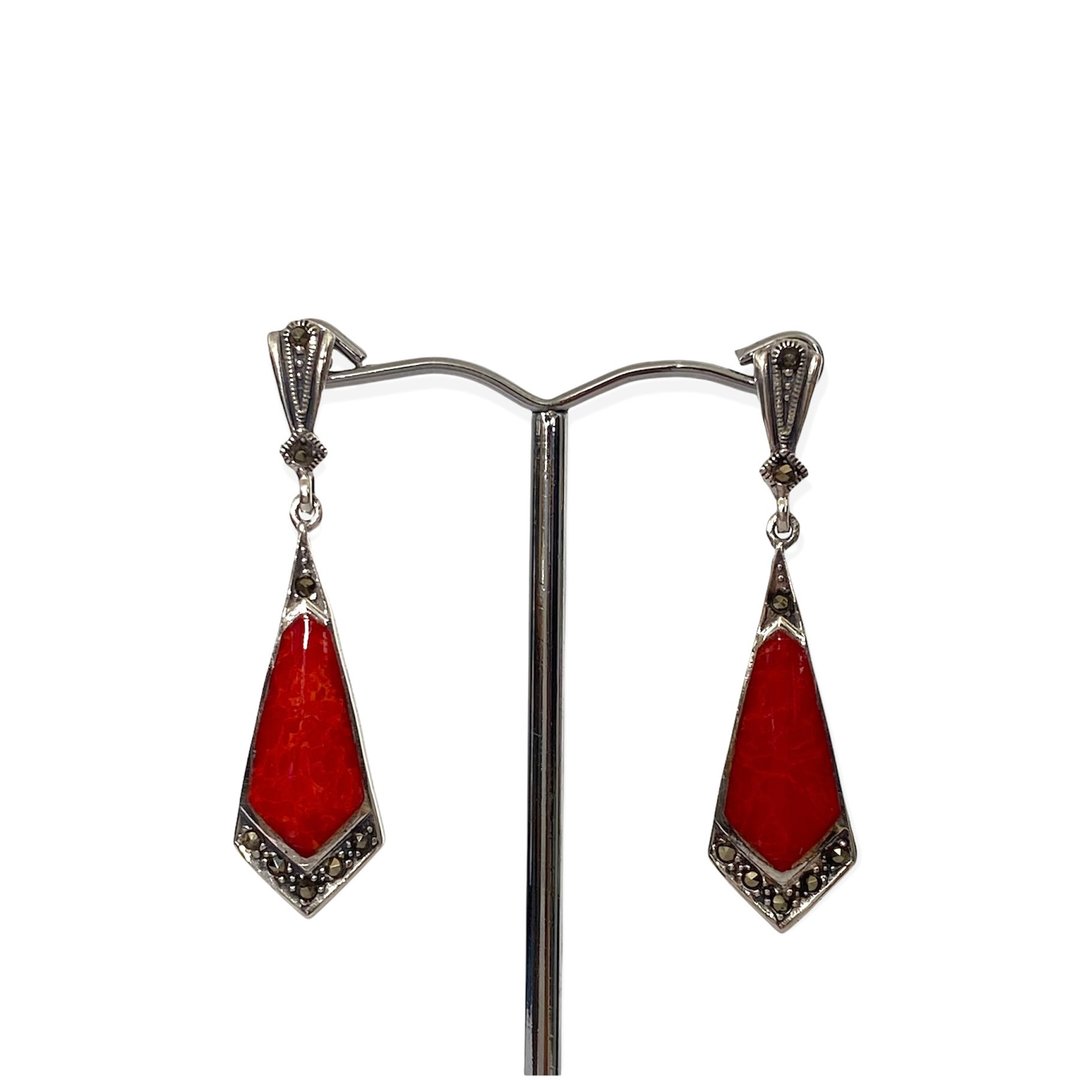 Art Deco Style Triangle Drop Earrings / Set Coral and Stone 925 Sterling Silver - 耳环/耳夹 - 纯银 红色