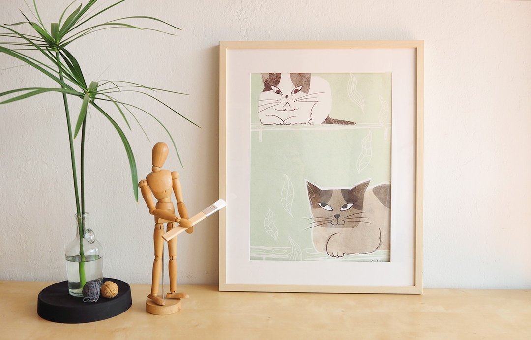 Poster two cat with blue wall - 海报/装饰画/版画 - 纸 蓝色