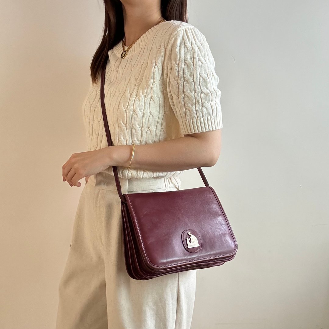 中古美品 法国 Lanvin 浪梵 真皮风琴包 母女标志 两用斜背 酒红 - 侧背包/斜挎包 - 真皮 红色