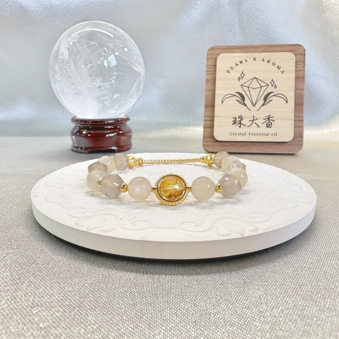 落日之滨 黄水晶 紫玉髓 橙月光 925纯银 天然水晶手链 - 手链/手环 - 宝石 金色