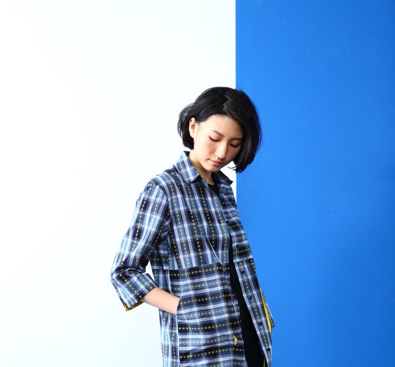 【高质感面料】W格纹直筒罩衫-蓝 - 女装衬衫 - 其他材质 蓝色