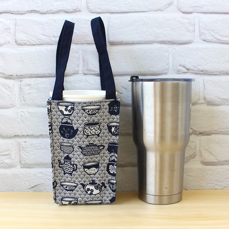 日式瓷器饮料提袋(大) 环保杯袋 冰霸杯袋 - 随行杯提袋/水壶袋 - 棉．麻 蓝色