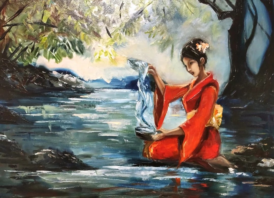 亚洲女孩和水 东方风景 当代原创厚涂油画 - 墙贴/壁贴 - 其他材质 红色