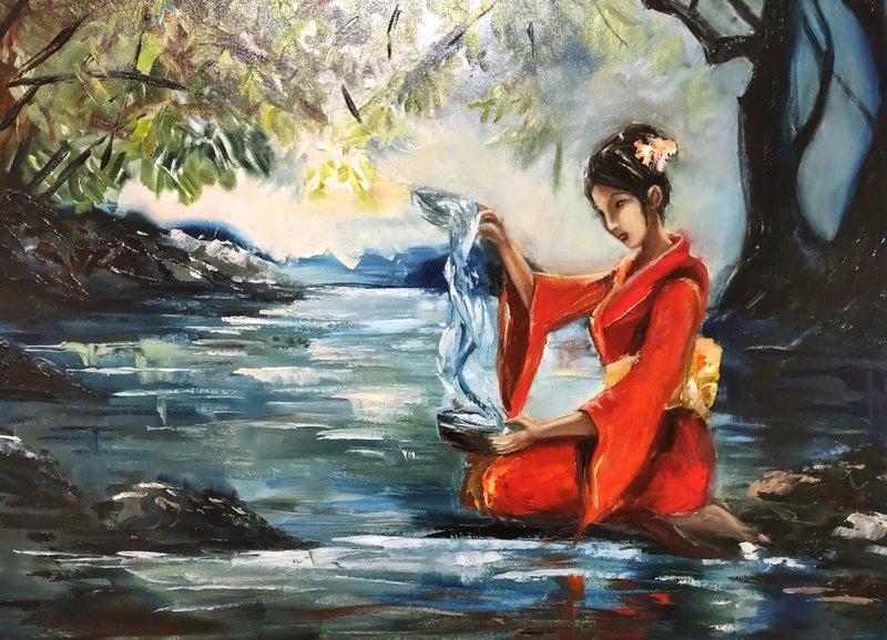 亚洲女孩和水 东方风景 当代原创厚涂油画 - 墙贴/壁贴 - 其他材质 红色