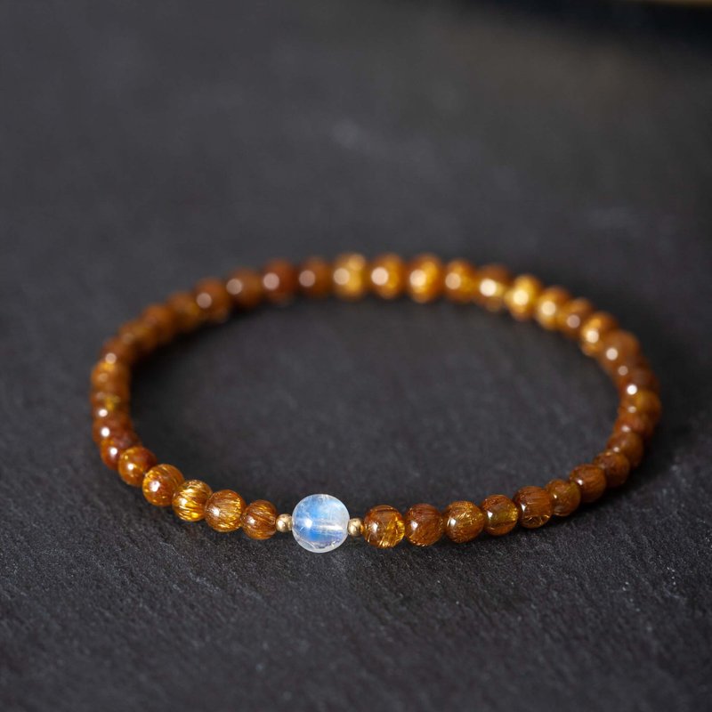 铜钛晶月光石手链|月亮石14k包金手链 天然石水晶定制化礼物 - 手链/手环 - 半宝石 咖啡色