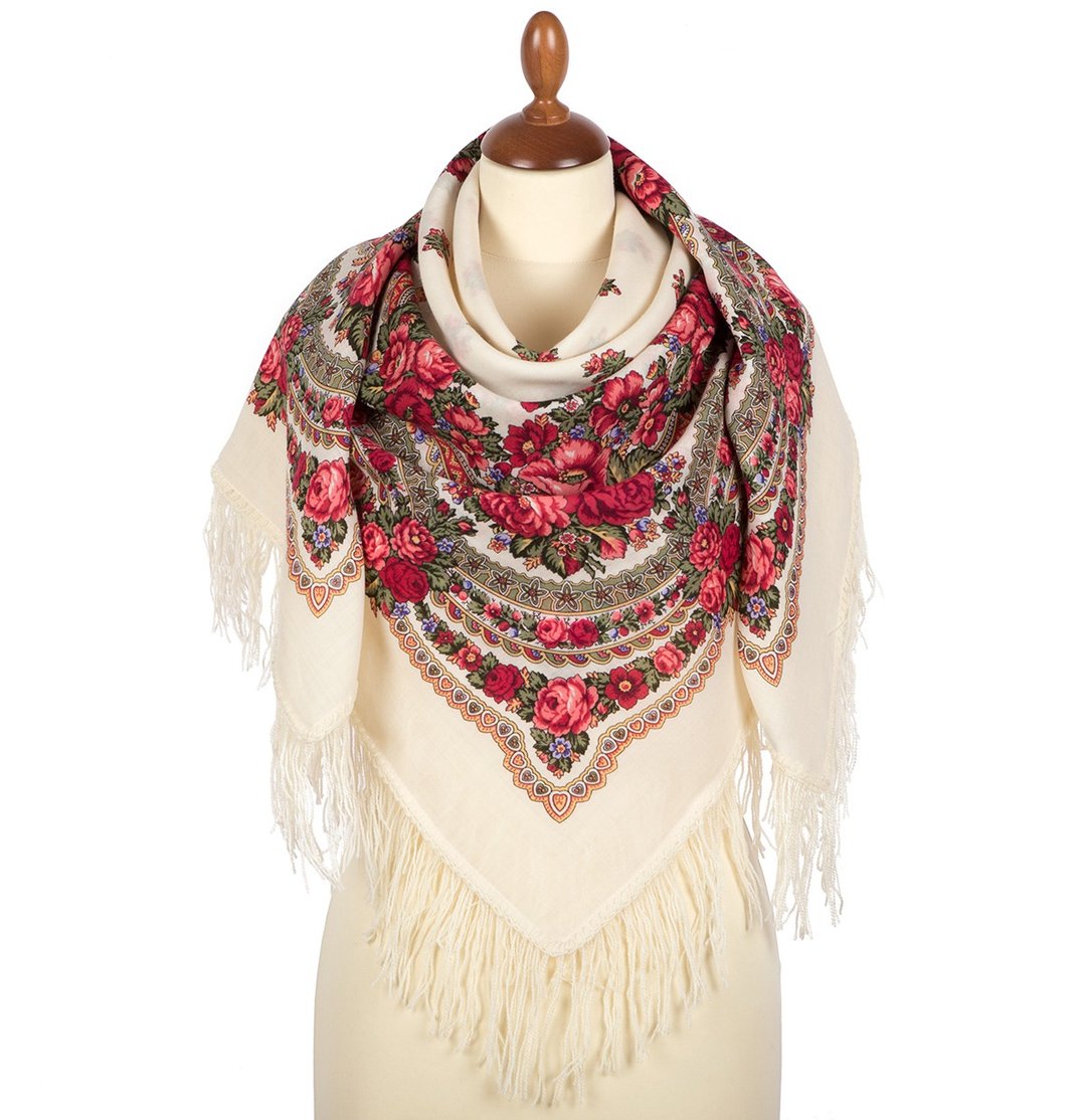 Pavlovo Posad Russian Shawl 100% Wool Scarf 125x125 cm Woolen Fringe 1901-1 - 丝巾 - 羊毛 多色