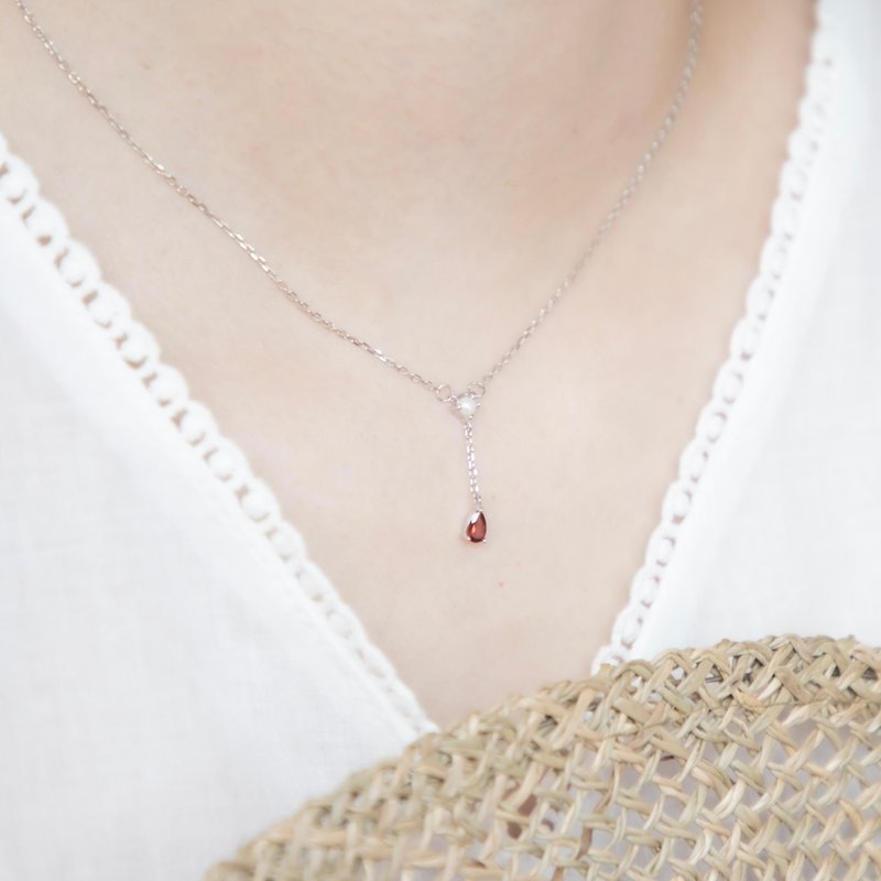 石榴石mix珍珠925纯银双宝石Y字项链 - 项链 - 宝石 银色