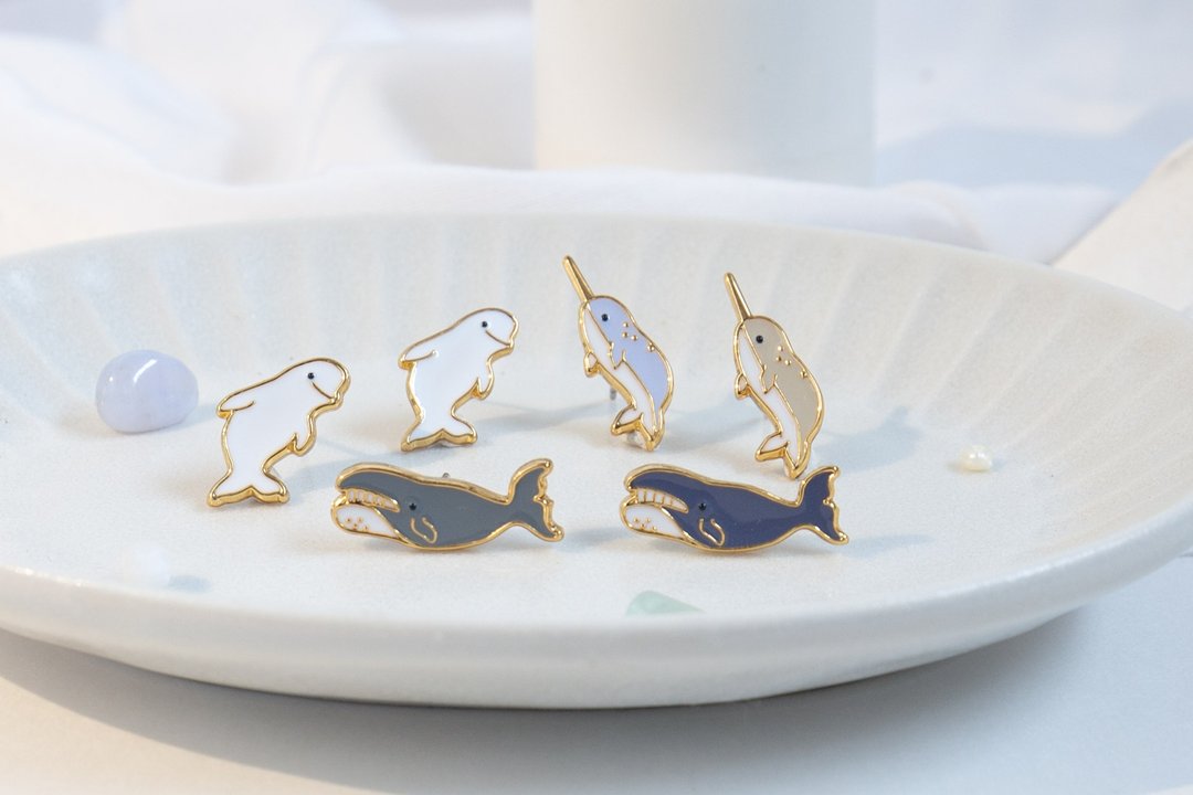 小白鲸 独角鲸 弓头鲸  鲸鱼 Whale 海洋系列 夹式耳环 交换礼物 - 耳环/耳夹 - 珐琅 多色