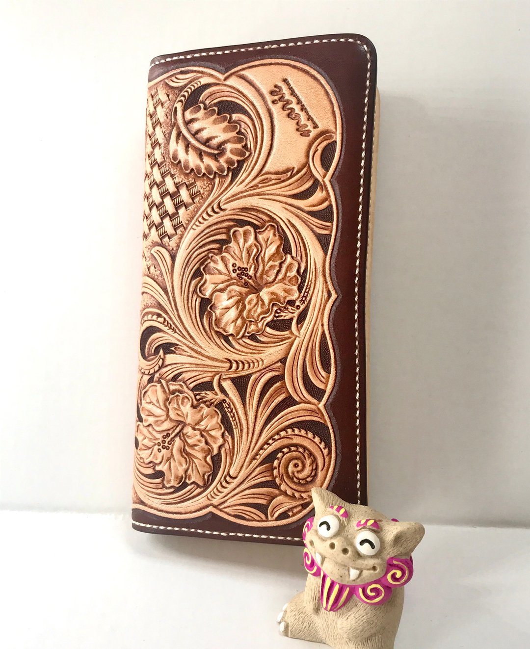 Hibiscus wallet / leather / leather carving / leather wallet - 皮夹/钱包 - 真皮 咖啡色