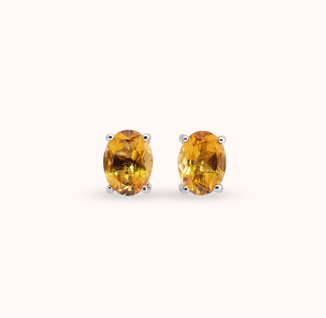 安珠 黄水晶 黄色 椭圆 5*7mm 耳环 经典系列 Oval E 宝石银饰 A - 耳环/耳夹 - 银 黄色