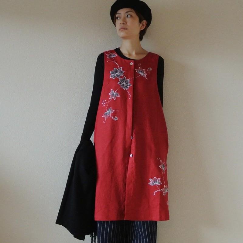 Long vest, red <Chintz, lotus> - 女装上衣 - 棉．麻 