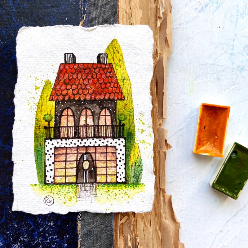 Painting of house Original art Miniature artwork on handmade paper ACEO - 海报/装饰画/版画 - 纸 多色