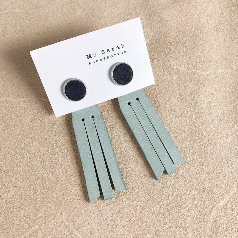 皮革耳环_圆框8号作品#10_流苏款_深蓝搭薄荷绿(可改夹) - 耳环/耳夹 - 真皮 绿色