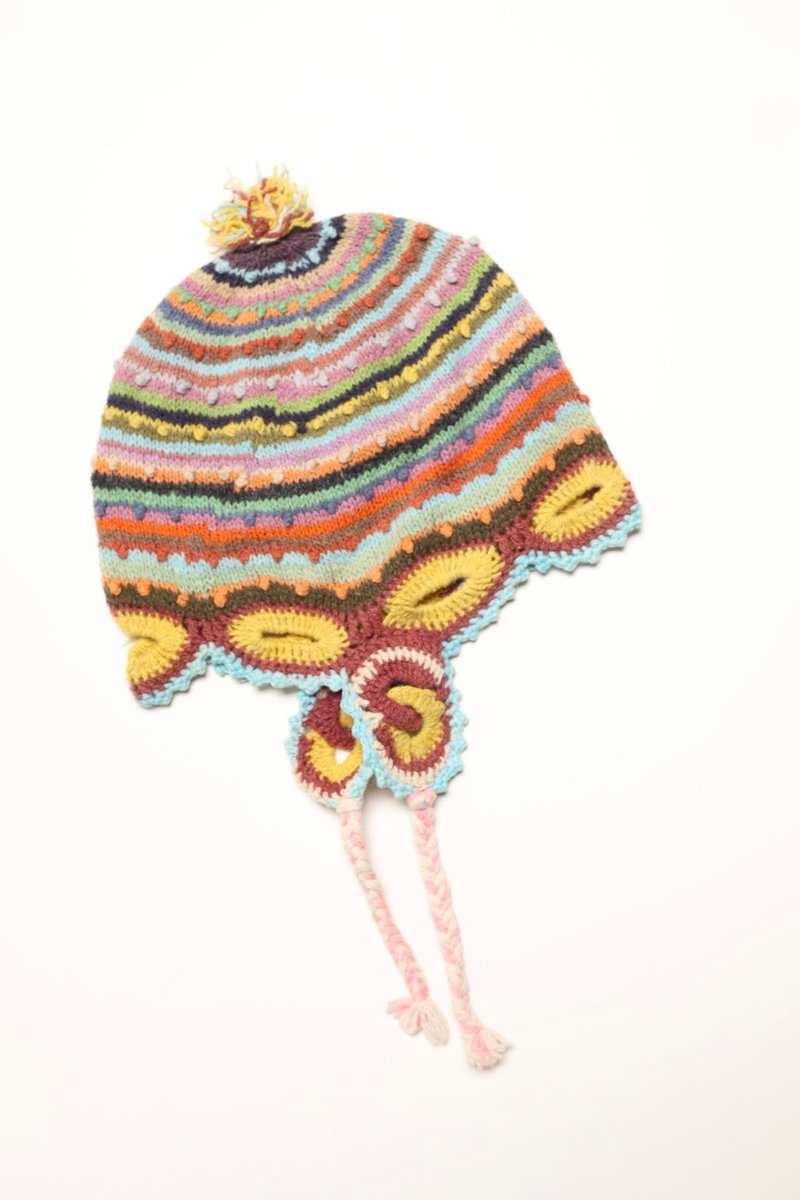 童/成人/南美洲秘鲁 100% 暖黄条纹纯羊驼毛轻暖手工护耳帽民族勾花 - 帽子 - 羊毛 多色