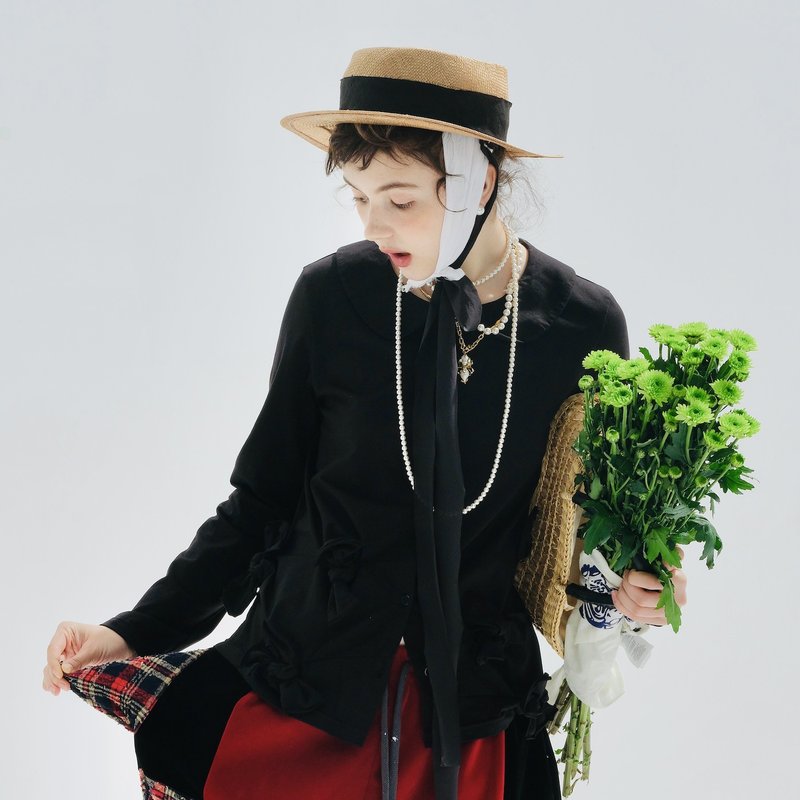 黑色蝴蝶结棉衬衫 / 外套 - 女装衬衫 - 棉．麻 黑色