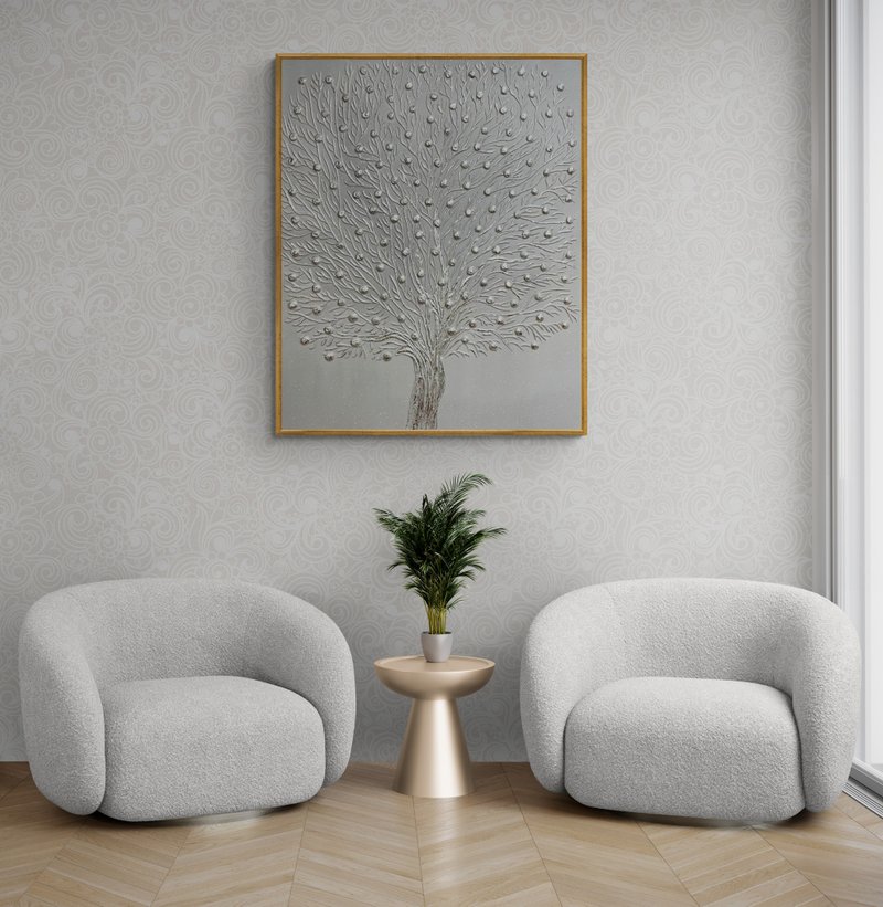 画布上的抽象灰色树画纹理画客厅墙 Ar - 墙贴/壁贴 - 棉．麻 灰色