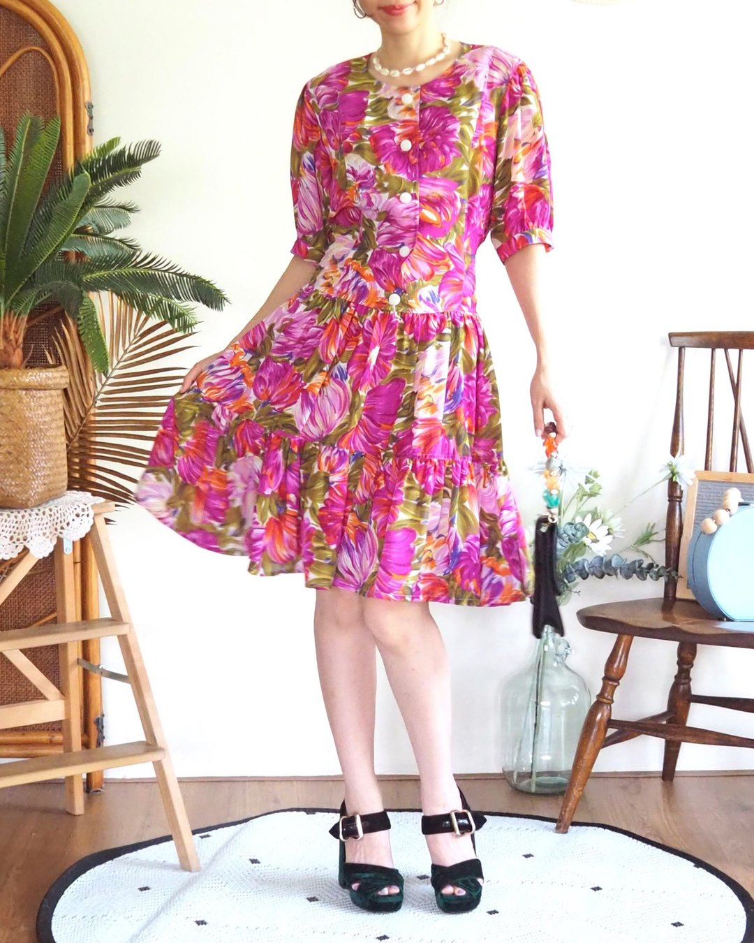 VINTAGE summer super flower dress in Fuchsia, size L - 洋装/连衣裙 - 聚酯纤维 粉红色