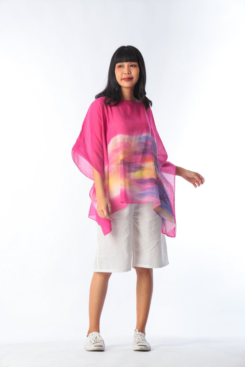 Poncho Cotton Blouse Hand paint For Summer Beach Vacation - 女装上衣 - 棉 粉红色