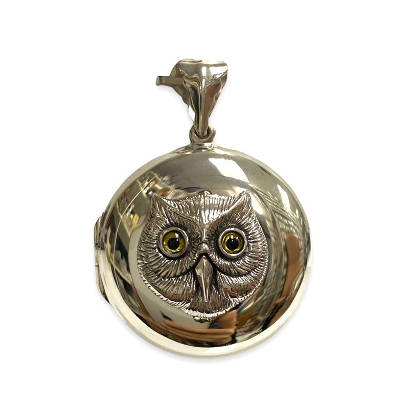 925 Sterling Silver Owl Head Locket Pendant Family Photo Quality with Glass Eyes - 项链 - 纯银 银色