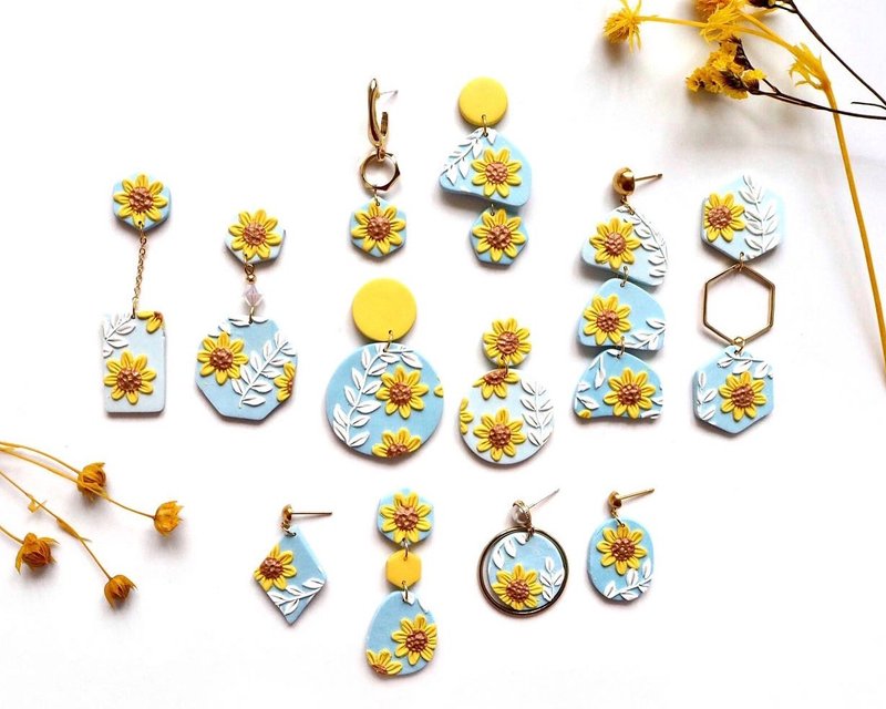 向日葵软陶耳环 - 耳环/耳夹 - 其他材质 