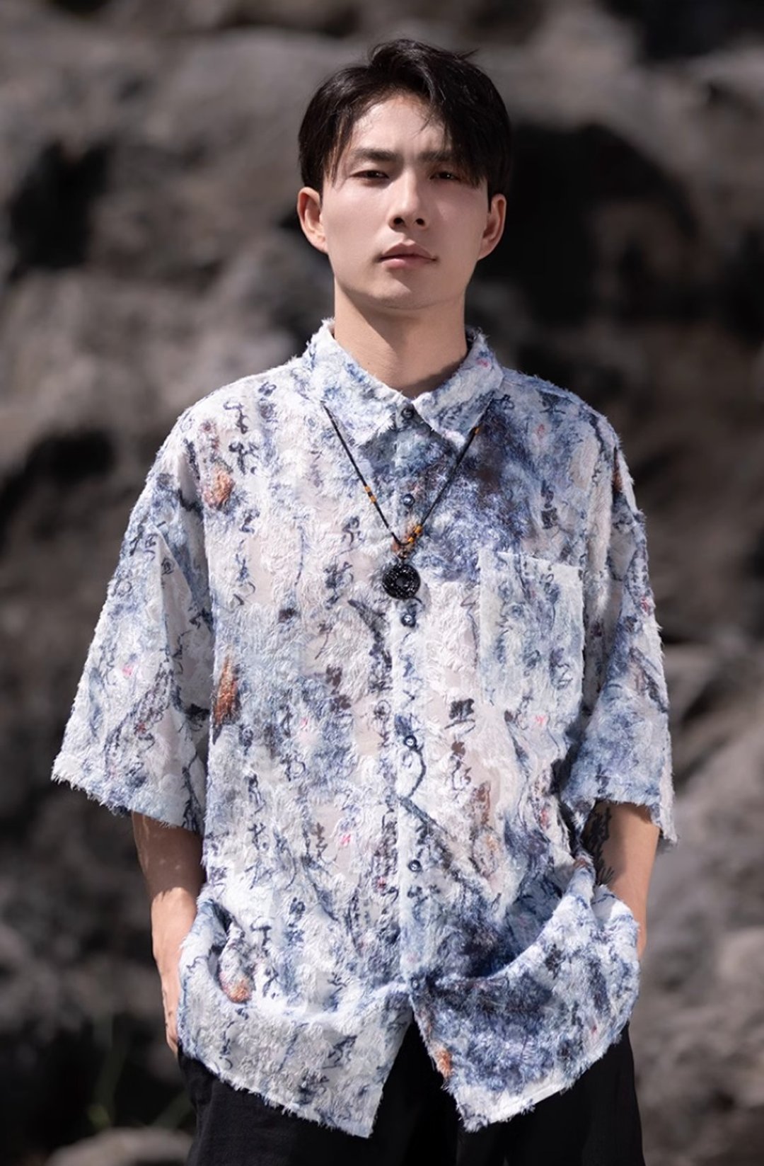 新中式复古 水墨书法短袖衬衫 - 男装衬衫 - 其他材质 蓝色