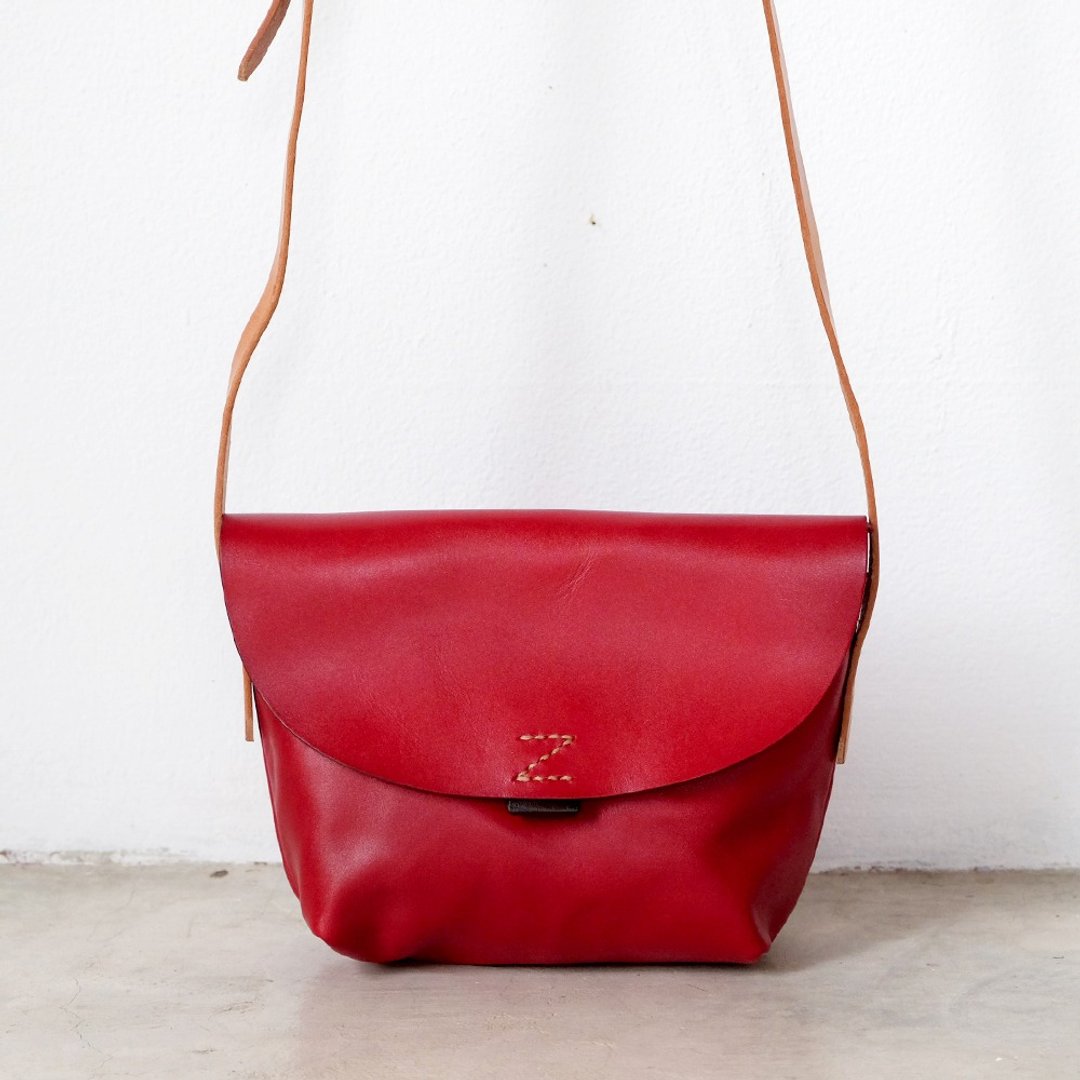 Cross-body Cowhide Leather Bag / Red - 手提包/手提袋 - 真皮 红色