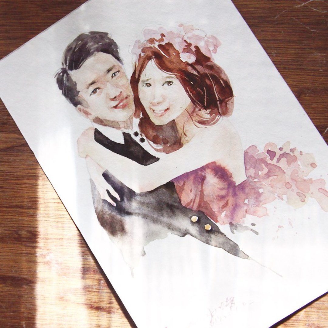日系风水彩画 手绘定制结婚肖像似颜绘 情人 送礼 插画 结婚 婚礼 - 喜帖 - 纸 粉红色