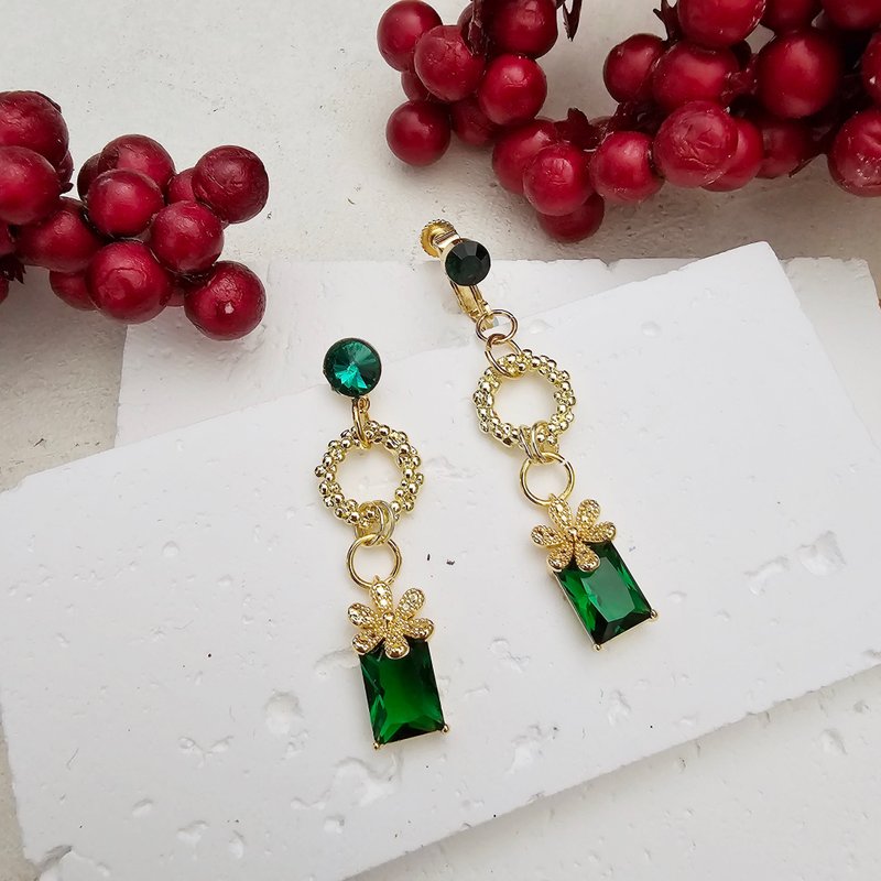 圣诞 x 星星点点 - 夹式耳环 针式耳环 - 圣诞节 - 耳环/耳夹 - 其他金属 绿色