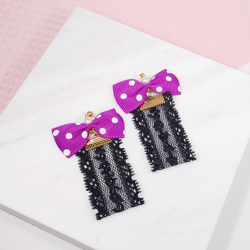 大千设计 性感 紫蝴蝶结 黑蕾丝 耳环/夹 礼物 情人 毕业 谢师宴 - 耳环/耳夹 - 棉 紫色