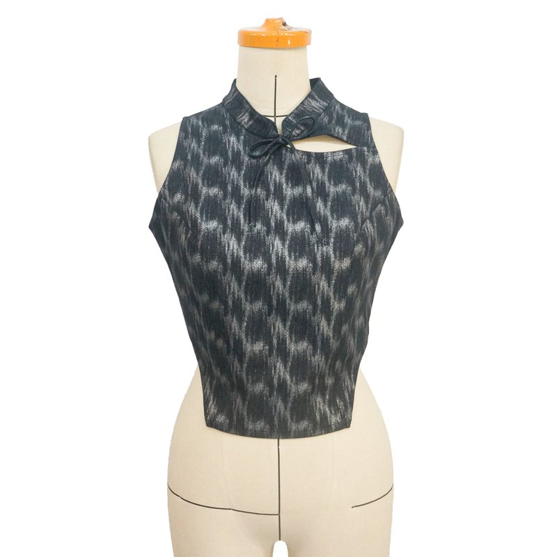 Aman No.87 立领挖洞绑领无袖背心 牛仔限量布款 - 女装背心 - 其他材质 