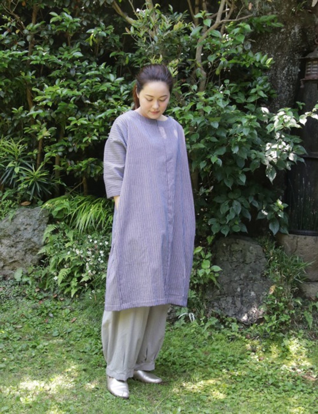 Striped yukata fabric off-shoulder one-piece dress - 洋装/连衣裙 - 棉 