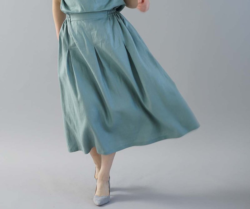 wafu Linen skirt / elastic waist / midi length / tuck / emerald green s019a-edt2 - 裙子 - 棉 绿色
