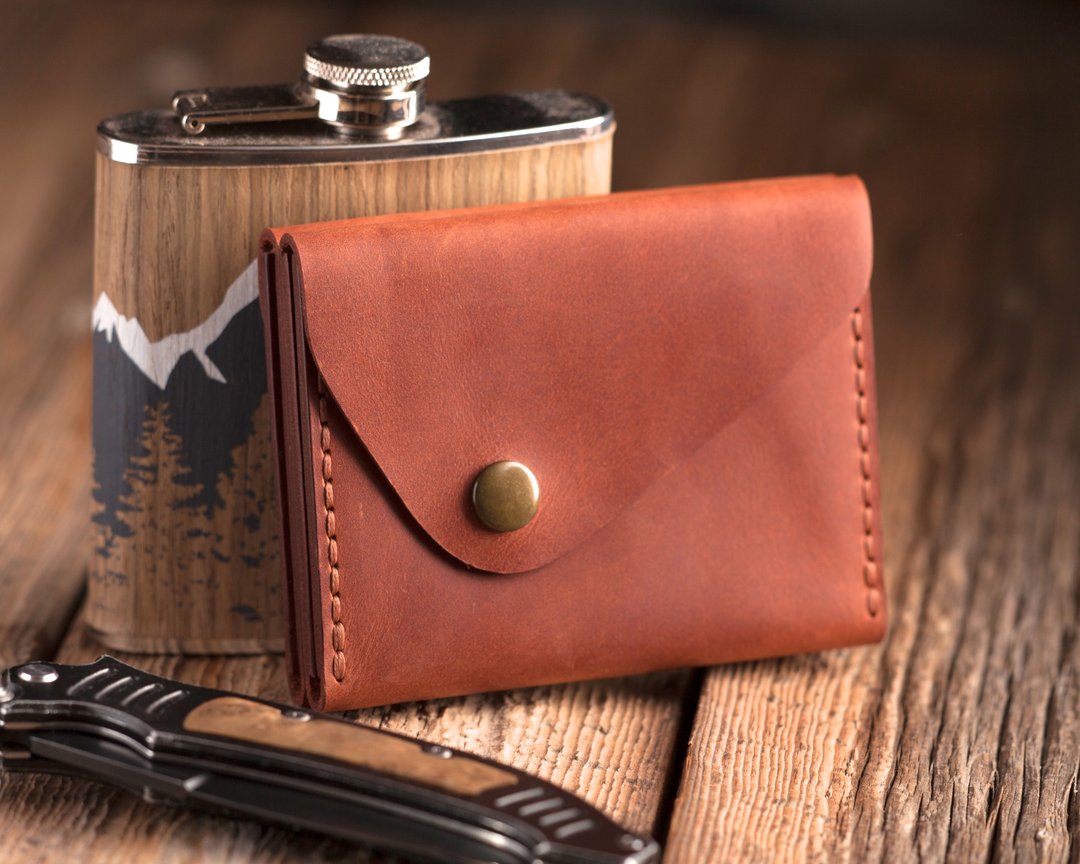 Slim Boho Leather Wallet Insert Card, Minimalist Small Coin Wallet Men Women - 皮夹/钱包 - 真皮 咖啡色