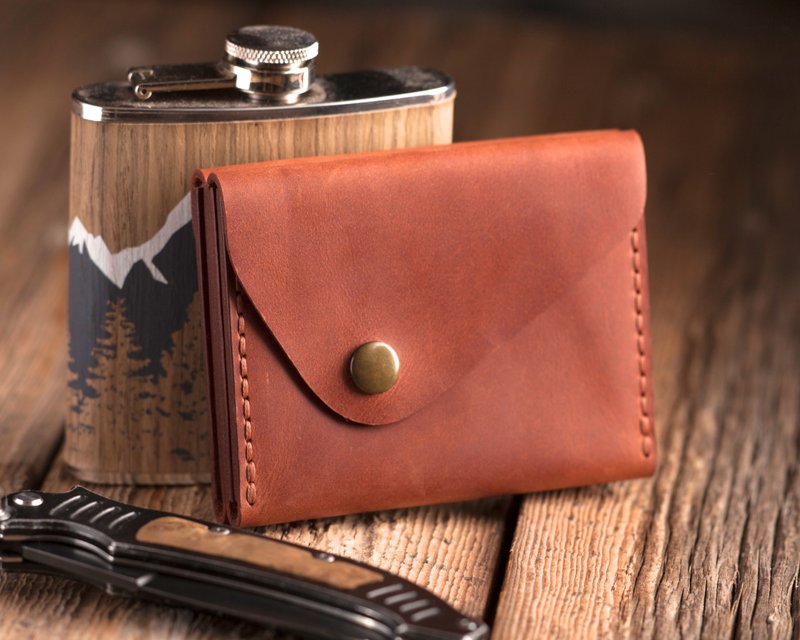 Slim Boho Leather Wallet Insert Card, Minimalist Small Coin Wallet Men Women - 皮夹/钱包 - 真皮 咖啡色
