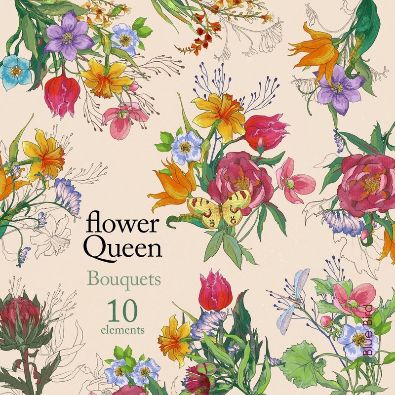 Floral vintage bouquets, botanical clipart - 电子手绘真人画像/绘画/插画 - 其他材质 