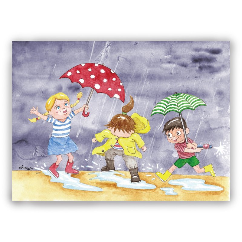手绘插画万用卡/明信片/卡片/插画卡--雨天玩水 - 卡片/明信片 - 纸 